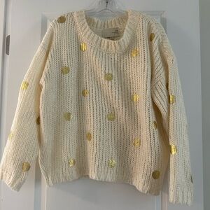 JOA white sweater with gold polka dots